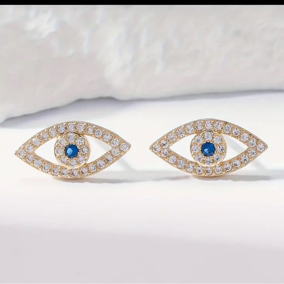 Jewelry - Gold Cubic Zirconia Evil Eye Earrings, Evil Eye Studs, Stud Earrings